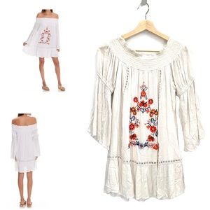 Altar'd State White Off-The-Shoulder Embroidered Bell Sleeve Mini Dress Small